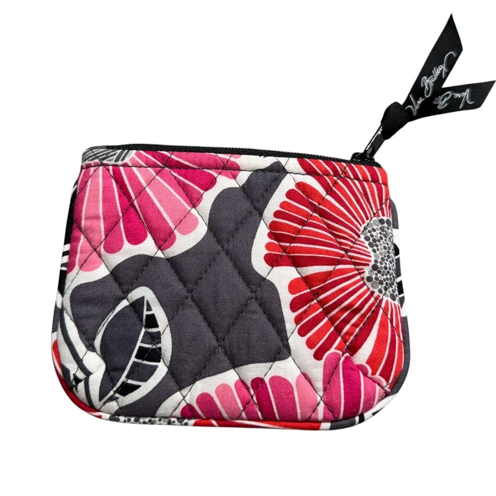 Vera Bradley Pink Red Grey Floral Quilted Cotton Zipper Coin Purse Pouch NICE!